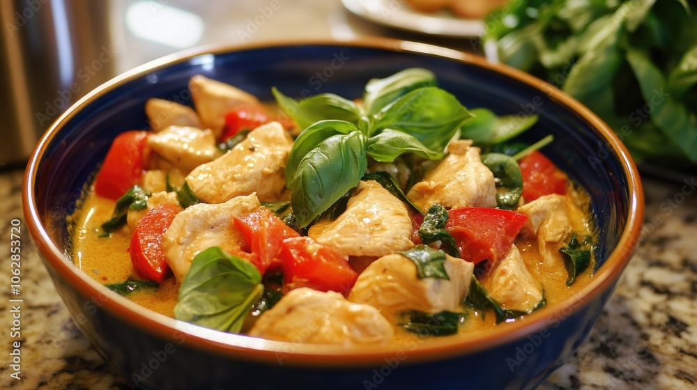 Spicy Thai green curry with chicken, coconut milk, and fresh basil, spicy, Thai, green curry, chicken, coconut milk. Spicy Thai green curry with chicken, coconut milk, and fresh basil, spicy, Thai, green curry, chicken, coconut milk.