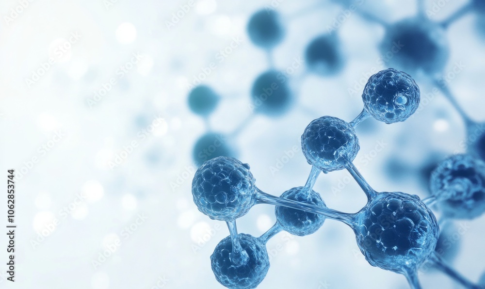 Molecular structure in blue glow with connected particles, isolated on white background Molecular structure in blue glow with connected particles, isolated on white background