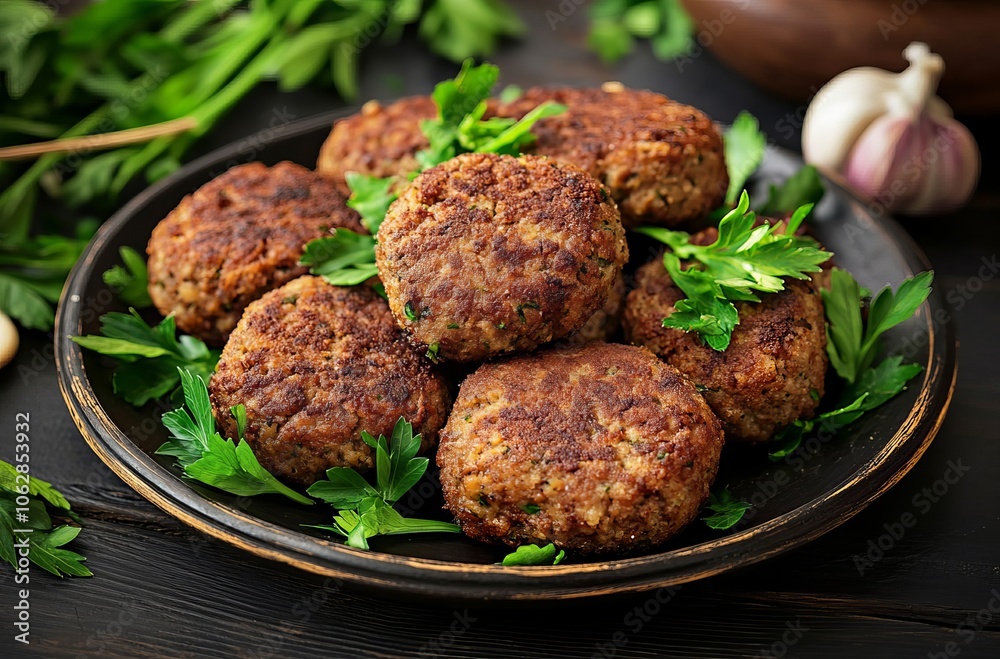 Meatballs with sauce Beef cutlets on a plate with fresh herbs and garlic, against a dark background Meatballs with sauce Beef cutlets on a plate with fresh herbs and garlic, against a dark background