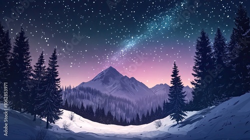 Snowy mountain forest under a starry night sky, aurora borealis lighting up the horizon, peaceful and awe-inspiring winte .