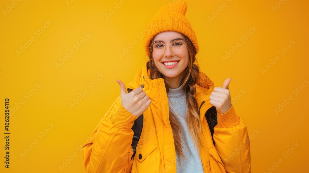 Smiling Woman Giving Thumbs Up, on a solid color background. Smiling Woman Giving Thumbs Up, on a solid color background.