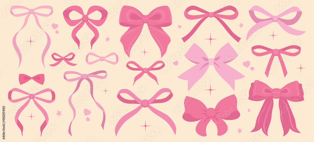 Pink bow illustration set. Simple hand drawn ribbon bow collection. Vector ribbons, silk bows for gifts, present knots, wrap pack. Bowknot for decoration, collection sillouette for celebration design 