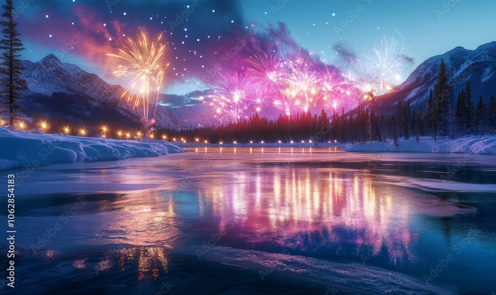 Fototapeta premium New Year's Eve fireworks reflecting off a frozen lake, illuminating the snow-covered landscape with brilliant colors and creating a magical atmosphere.