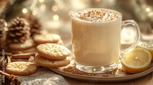 A mug of creamy eggnog with cinnamon and nutmeg sprinkled on top, accompanied by lemon slices, cookies, and cinnamon sticks.