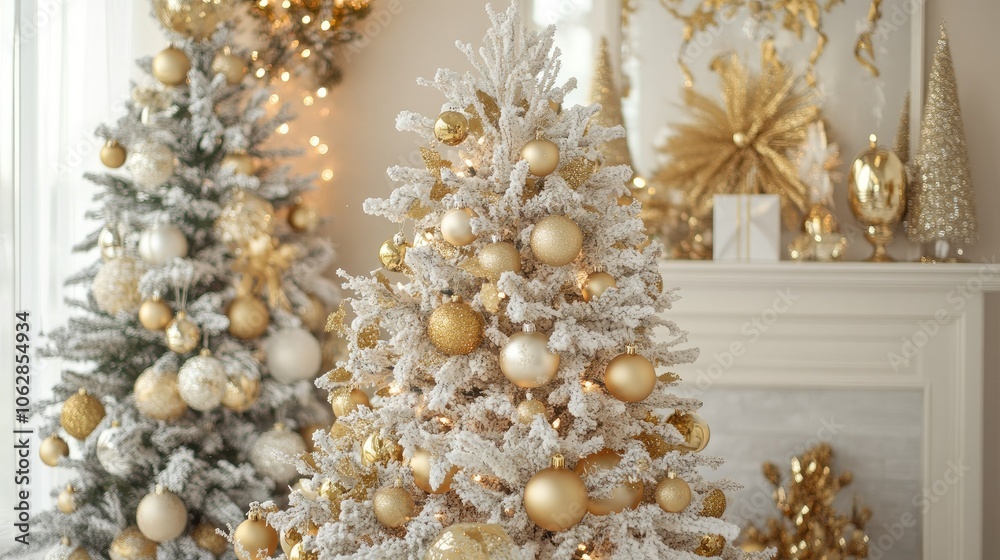 A festive holiday layout featuring a white Christmas tree and golden decorations, perfect for New Year celebrations.