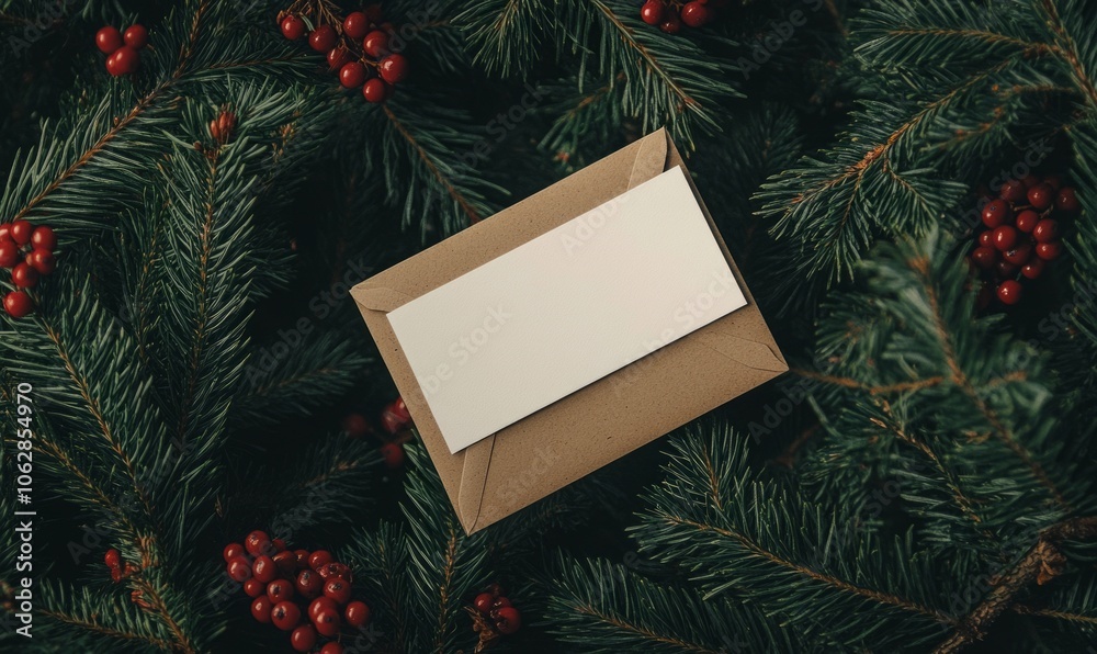 Overhead view of a blank card and envelope on fir branches and berries Overhead view of a blank card and envelope on fir branches and berries