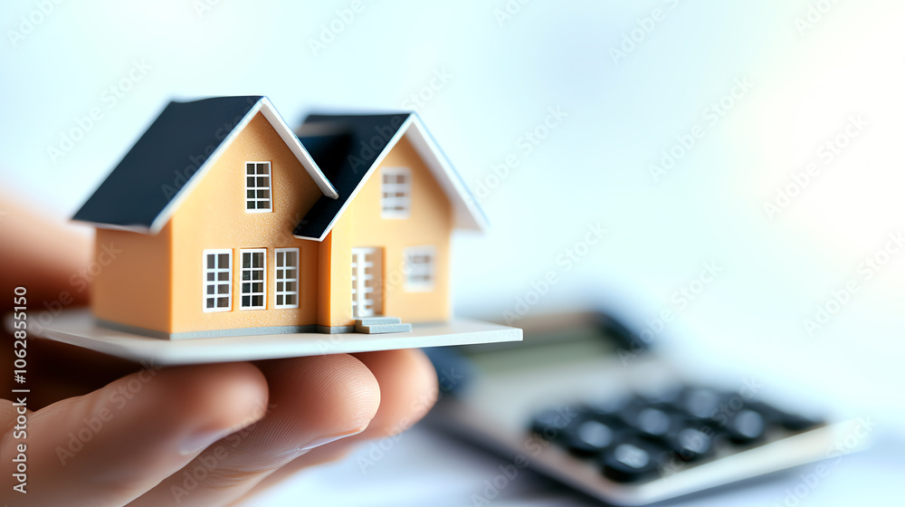 Close-up of a hand holding a miniature house model over a loan document and calculator, clean white background, soft shadows, symbolizing budgeting for real estate investment