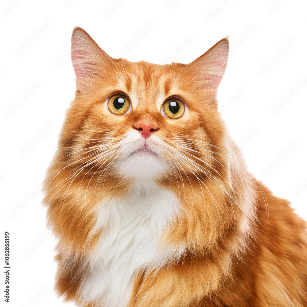 Cat - Looking Curiously, Funny, Scared - Sitting or Standing on White Background / Transparent - Ginger, Tabby, White, Black - Beautiful and Cute Cat Breed - Maine Coon, Siberian, Norwegian, Angora
