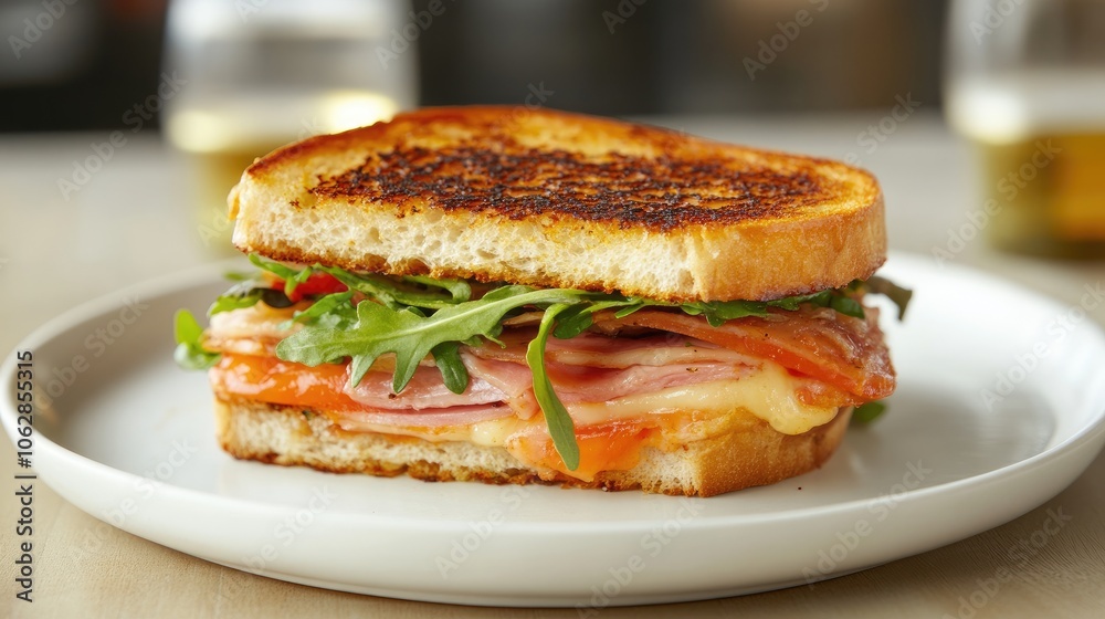 Toasted sandwich with ham, cheese, and vegetables on white plate, toasted, sandwich, ham, cheese, vegetables, healthy, lunch . Toasted sandwich with ham, cheese, and vegetables on white plate, toasted, sandwich, ham, cheese, vegetables, healthy, lunch .