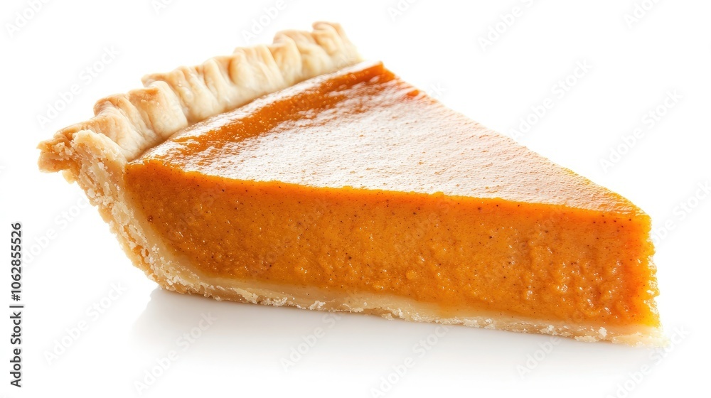 A fresh slice of pumpkin pie on a plain white background, offering a tempting visual perfect for holiday or seasonal themes. A fresh slice of pumpkin pie on a plain white background, offering a tempting visual perfect for holiday or seasonal themes.