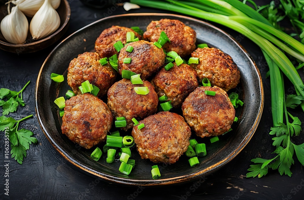 Meatballs with sauce Beef cutlets on a plate with fresh herbs and garlic, against a dark background
