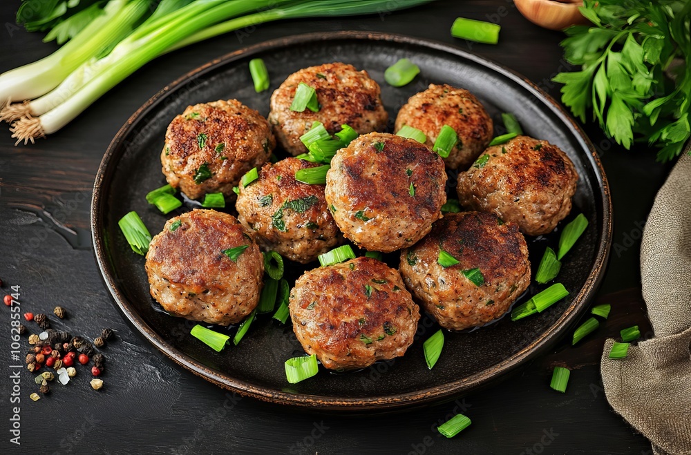 Meatballs with sauce Beef cutlets on a plate with fresh herbs and garlic, against a dark background Meatballs with sauce Beef cutlets on a plate with fresh herbs and garlic, against a dark background