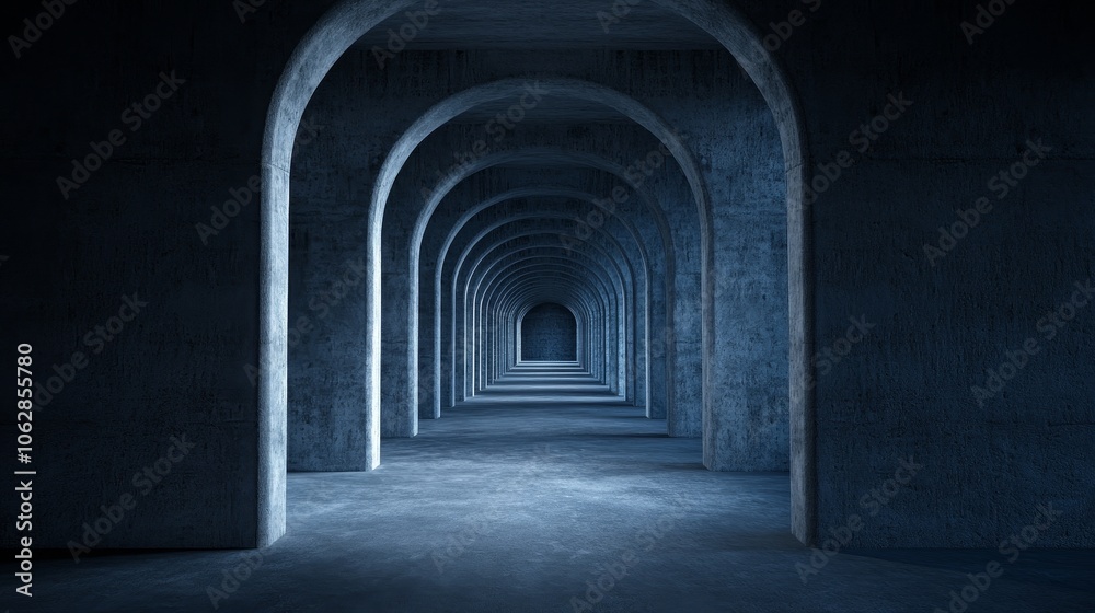 A dark, expansive corridor with arched ceilings, creating a mysterious and atmospheric space.