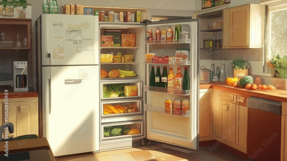 A fully stocked refrigerator open in a home kitchen, featuring a variety of groceries, drinks, and fresh produce.