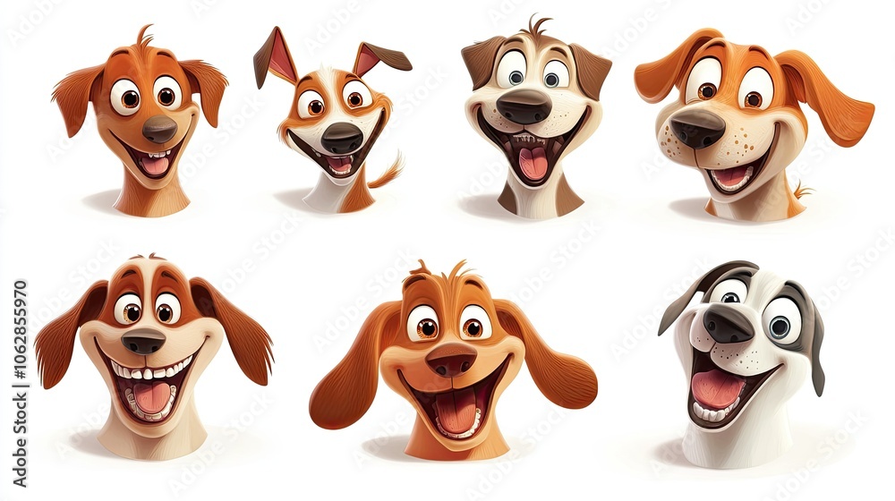 A fun set of cartoon dog faces, showcasing different breeds with joyful expressions, placed on a white background. A fun set of cartoon dog faces, showcasing different breeds with joyful expressions, placed on a white background.
