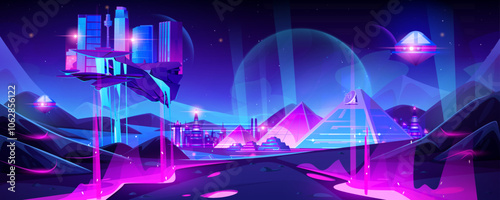Neon metaverse tech city background with pyramid. Futuristic egypt cityscape for virtual reality hologram. Night skyline with smart floating town island. Global cyber innovation graphic vector