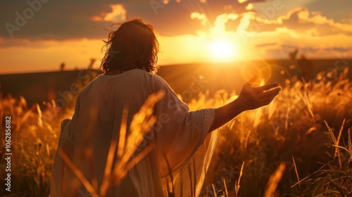 Rear view of Jesus Christ stretching out his hands and praying at sunset