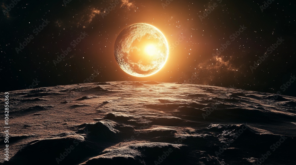 A stunning view of a planet rising over a textured lunar landscape, illuminated by sunlight. A stunning view of a planet rising over a textured lunar landscape, illuminated by sunlight.