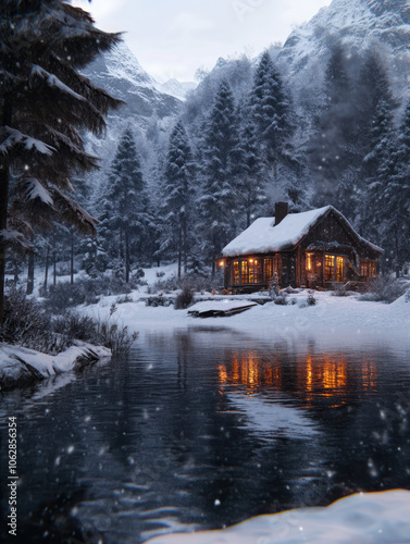 A cozy cabin stands near a tranquil lake, reflecting warm lights on the water\'s surface. Snow-covered mountains loom in the background under a twilight sky. photo