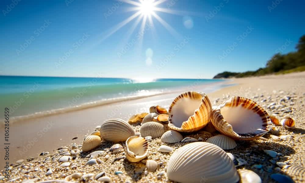 Seashells scattered on a sunny beach with clear blue water. Seashells scattered on a sunny beach with clear blue water.