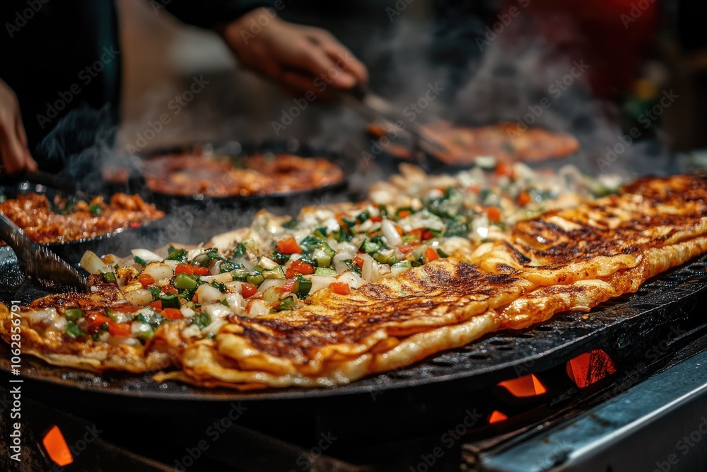 Grilled flatbread with vegetables and meat. Perfect for showcasing street food, culinary, and food photography. Grilled flatbread with vegetables and meat. Perfect for showcasing street food, culinary, and food photography.