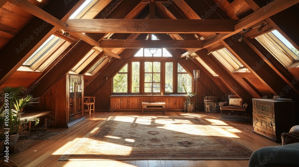A large attic room with exposed wooden beams and skylights, bathed in sunlight and showcasing the warmth of natural materials. A large attic room with exposed wooden beams and skylights, bathed in sunlight and showcasing the warmth of natural materials.