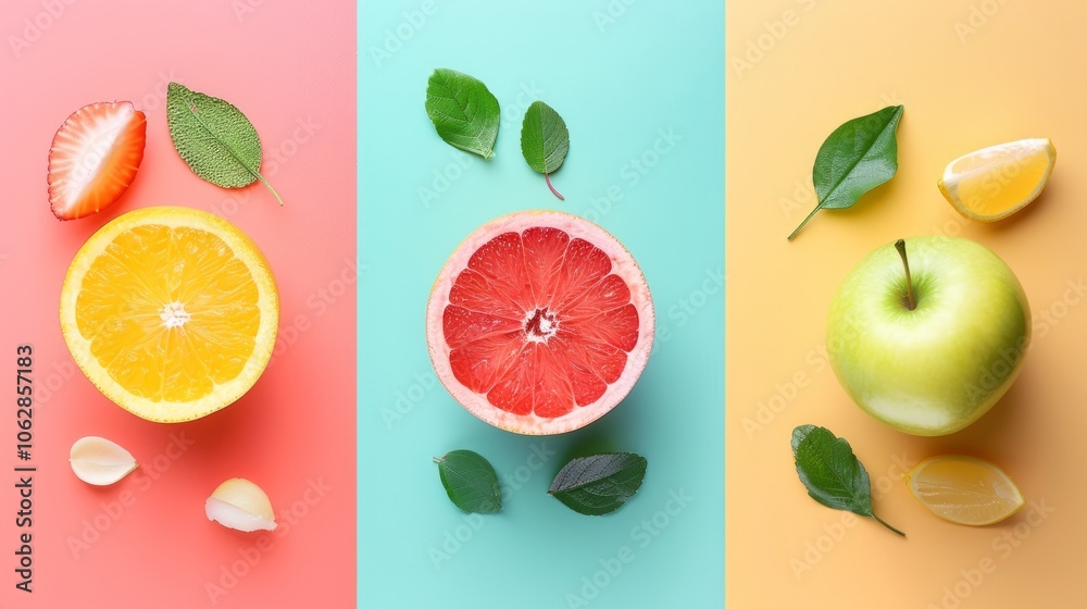 Naklejka premium Clean lines and fresh colors define this minimalist spring fruit layout