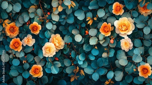 A vibrant arrangement of orange roses on a deep blue-green background creates a striking visual perfect for floral design, invitations, or digital art projects, This image evokes warmth and elegance,