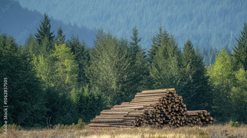 A logging scene showing stacked fir and spruce logs in front of a dense forest in the Pacific Northwest, captured from a distance. A logging scene showing stacked fir and spruce logs in front of a dense forest in the Pacific Northwest, captured from a distance.