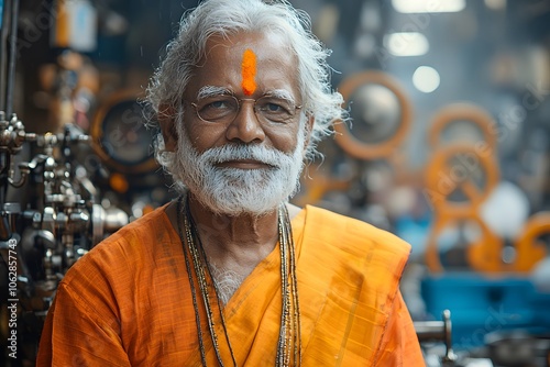 Elderly man in traditional attire with orange tika in vibrant indian market photo