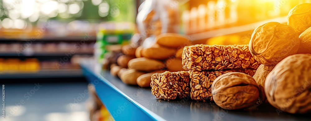 Fototapeta premium Healthy snack aisle with nuts, granola, and organic bars, clean and vibrant, healthy snacks, supermarket health section
