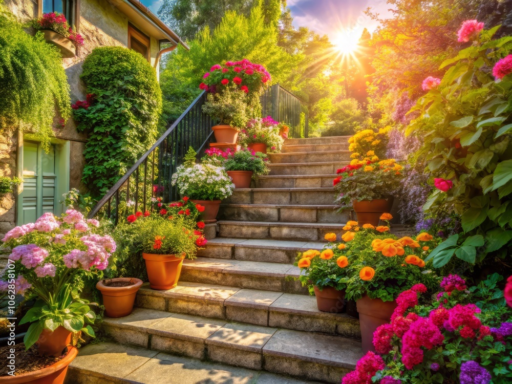Bright and Welcoming Outdoor Stairs Leading to a Cozy Entrance Bathed in Sunlight on a Beautiful Day, Perfect for Inviting Atmosphere in Home and Garden Photography Bright and Welcoming Outdoor Stairs Leading to a Cozy Entrance Bathed in Sunlight on a Beautiful Day, Perfect for Inviting Atmosphere in Home and Garden Photography