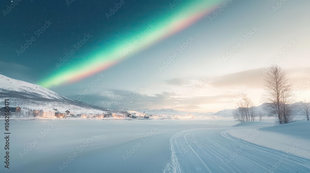 Winter landscape with northern lights illuminating the snowy terrain. Winter landscape with northern lights illuminating the snowy terrain.