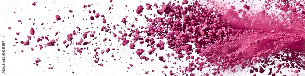 Pink soil particles bursting against a white backdrop, mid-air suspension capturing the moment of impact with vivid detail and texture. 40k, full ultra hd, high resolution Pink soil particles bursting against a white backdrop, mid-air suspension capturing the moment of impact with vivid detail and texture. 40k, full ultra hd, high resolution