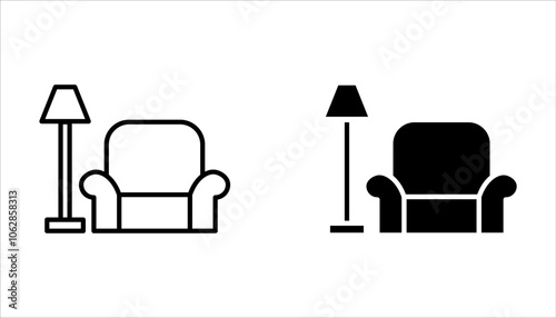 Apartment interior pixel perfect linear icon set. Living room furniture on white background
