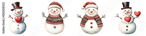 Watercolor Four charming snowmen, each with unique accessories and festive expressions, perfect for holiday decorations, greeting cards, and seasonal artwork.