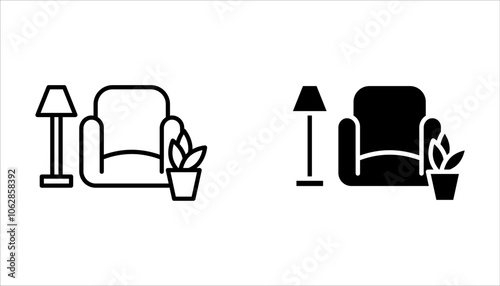 Apartment interior pixel perfect linear icon set. Living room furniture on white background