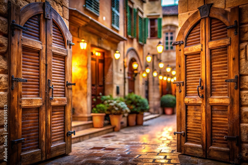 Fototapeta premium Captivating Bokeh Effect of Wooden Double Doors in Quaint Town Square with Shutters, Showcasing the Charm of an Old Building and the Serenity of a Historic Setting