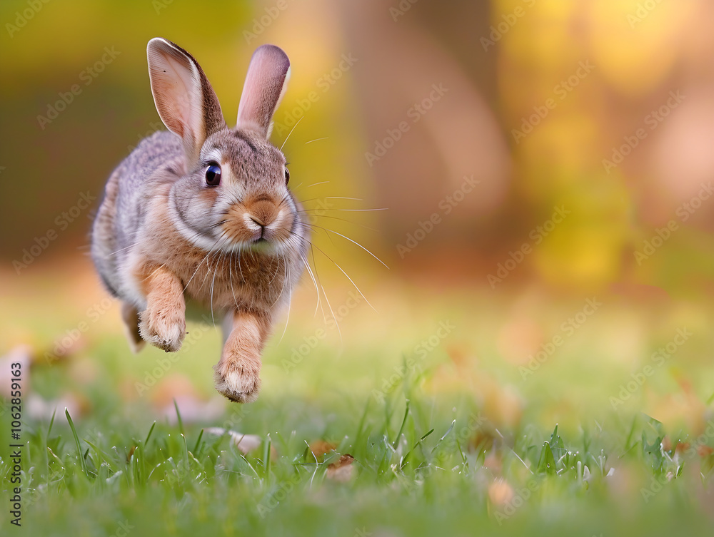 Fototapeta premium Adorable bunny with floppy ears hops through lush field, captured in vintage style photography.