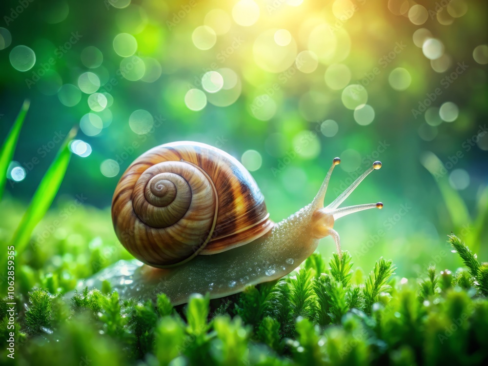 Captivating Closeup of a Snail Gliding Through a Lush Green Field with a Dreamy Blurred Background - A Stunning Vertical Shot in Nature's Splendor Captivating Closeup of a Snail Gliding Through a Lush Green Field with a Dreamy Blurred Background - A Stunning Vertical Shot in Nature's Splendor