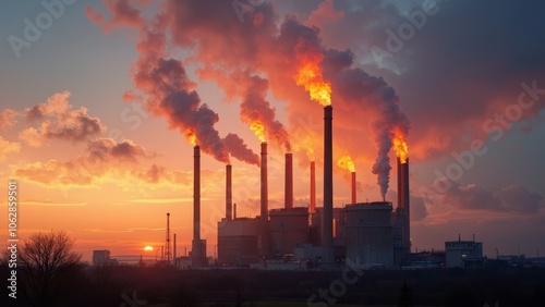 Industrial power plant at sunset with smokestacks and vibrant clouds