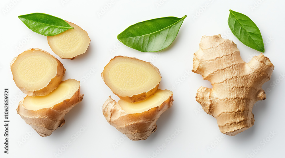 Ginger root and leaves on white background top view, created with Generative AI technology Ginger root and leaves on white background top view, created with Generative AI technology