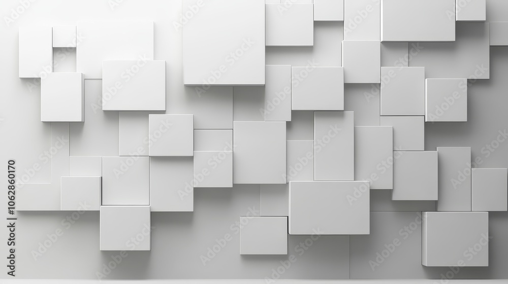 A modern wall design featuring an abstract arrangement of white geometric shapes. A modern wall design featuring an abstract arrangement of white geometric shapes.