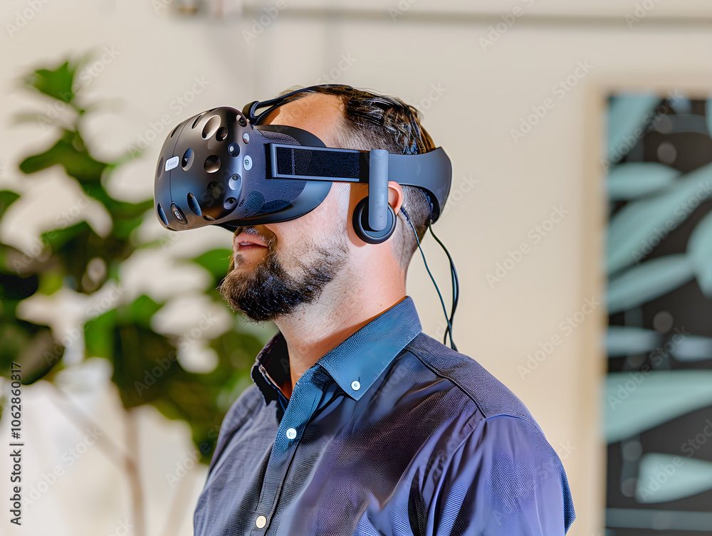 A man in a suit wearing a virtual reality headset in a modern office space. A man in a suit wearing a virtual reality headset in a modern office space.