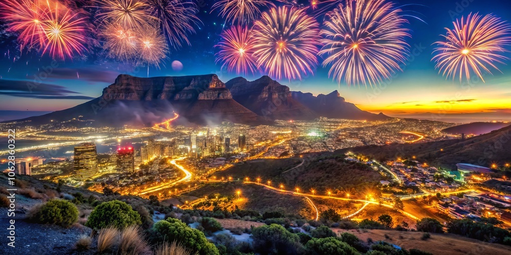Fototapeta premium Captivating Double Exposure of Table Mountain Celebrating Happy New Year 2025 in Cape Town, South Africa, with a Beautiful Landscape and Festive Atmosphere