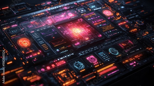 Futuristic digital interface with vibrant neon elements.