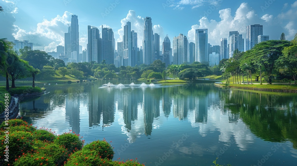 A serene city park with sparkling fountains reflecting the skyline against a vibrant blue sky. Generative AI A serene city park with sparkling fountains reflecting the skyline against a vibrant blue sky. Generative AI
