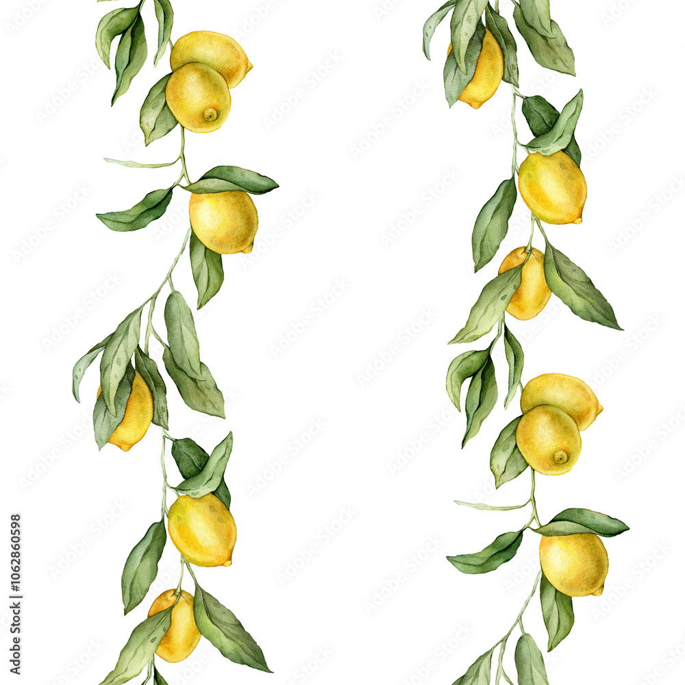 Seamless vertical border or banner tropical lemon. Hand drawn watercolor illustration on white isolated background. Citrus pattern for frame or banner. Fruit with green leaves for product label Seamless vertical border or banner tropical lemon. Hand drawn watercolor illustration on white isolated background. Citrus pattern for frame or banner. Fruit with green leaves for product label
