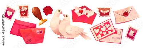 Romantic postal collection with loving doves and heart adorned envelopes, rose stamps and greeting cards, wax seal. Pink and red Valentine mail cartoon set for love postbox correspondence design.