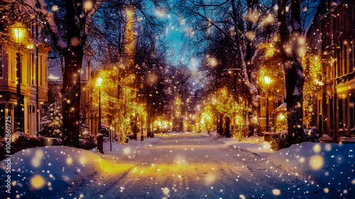 A snowy street with lights hanging from the trees